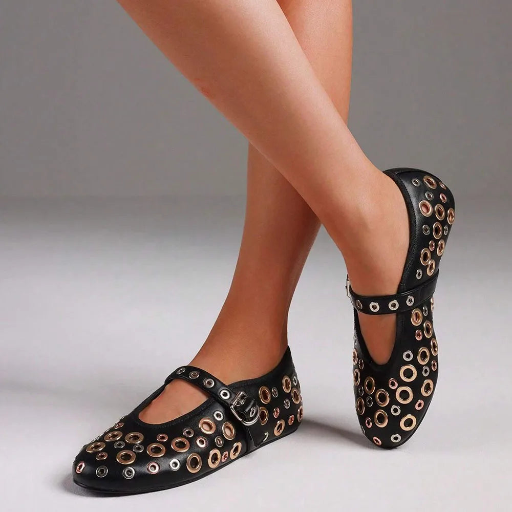 Ballet Flats with Buckle Strap Mesh Perforated Metal Studded Mary Jane