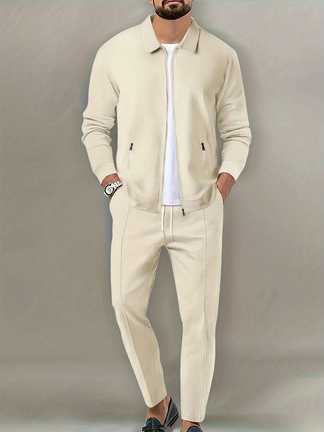 Men's Slim Fit Jacket with Zipper Pocket, Long Sleeved Sportswear, Cardigan Jacket Set, Long Pants, Elegant, two-Piece Set