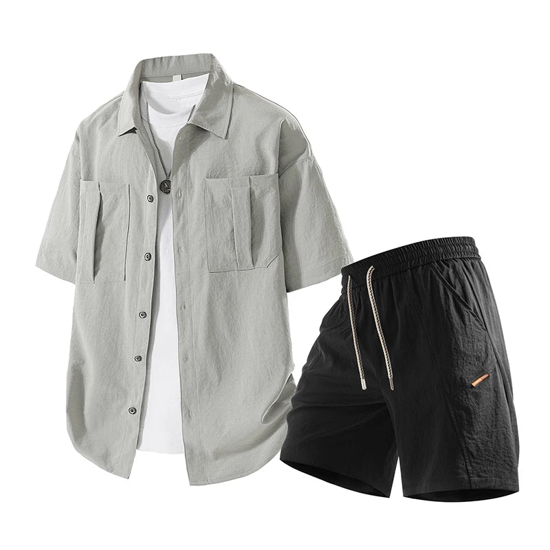 Summer Suits Men Plus Size Chest Pockets Sets Shirts Shorts Fashion Casual Polyester Tracksuit Male Clothes Big Size