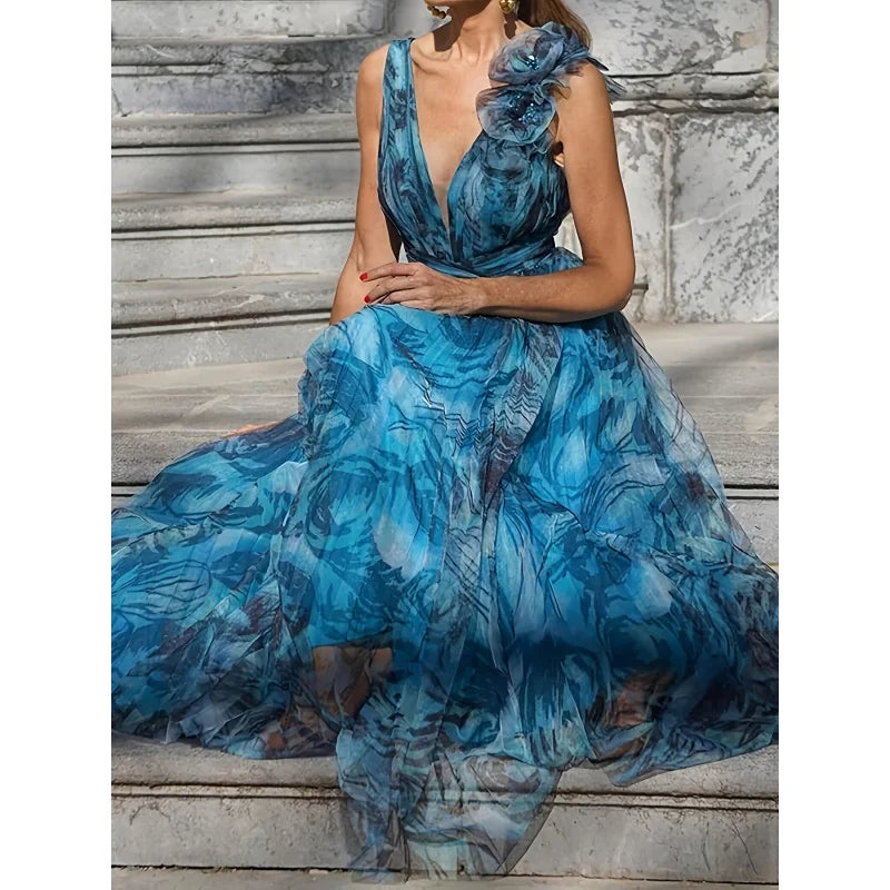 Boho Floral Maxi Dress Women - Gradient Blue V-Neck Sleeveless  Beach Party Dress with Ruffled Lace Hem