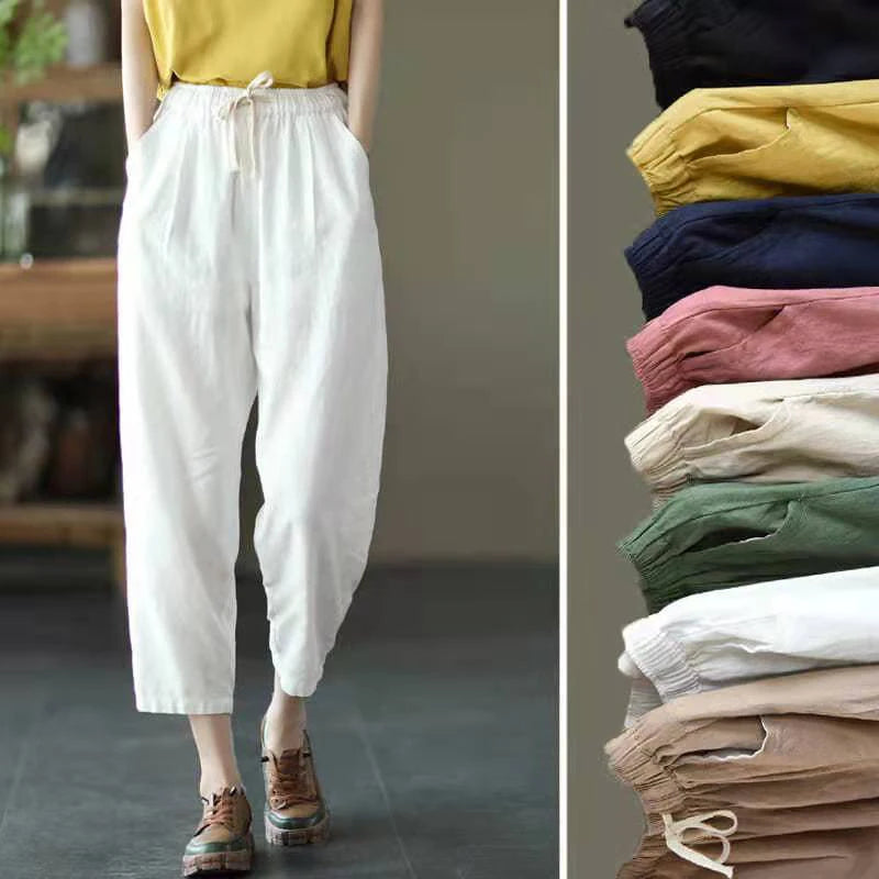 Solid Color Cotton and Linen Pants for Woman Vintage Loose Streetwear Trousers Female Casual High Waist Drawstring Pants