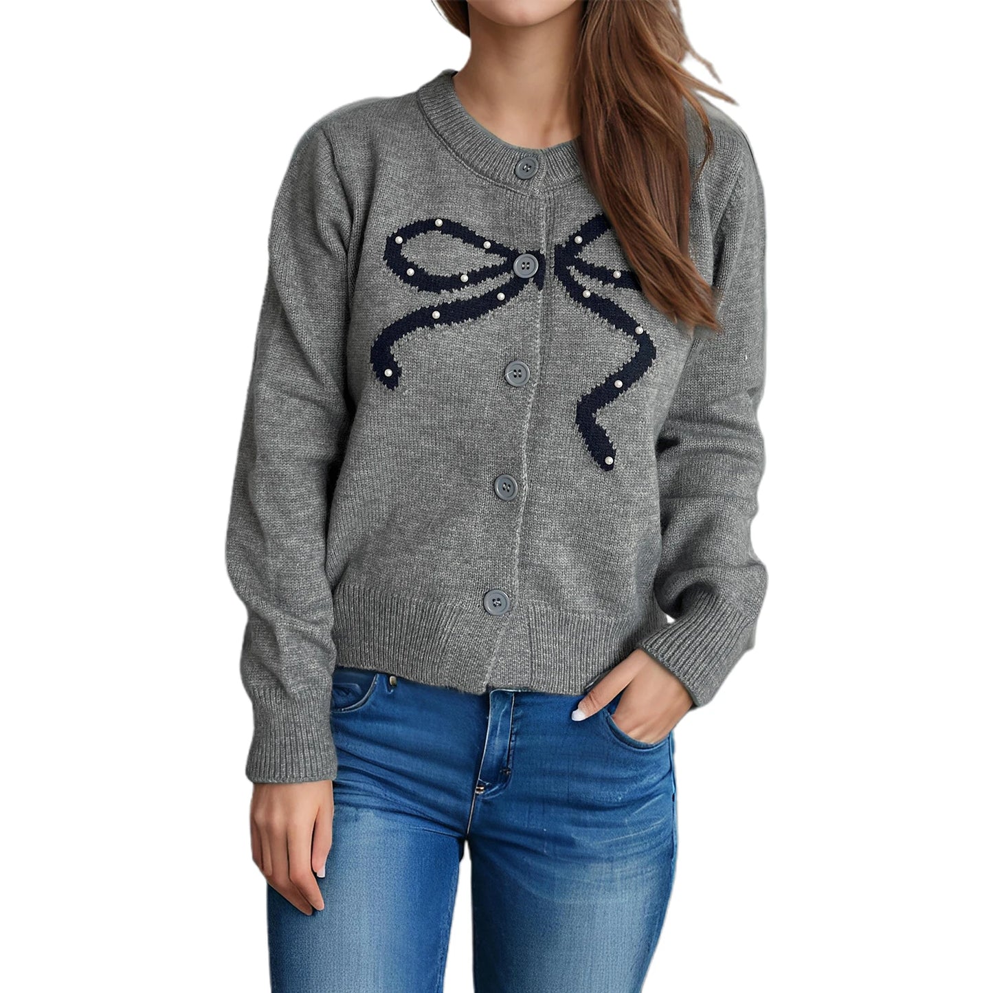 Elegant O-Neck Cardigans with Bow Embroidery and Puff Sleeves Stylish Lightweight Knitwear for Chic Street Style