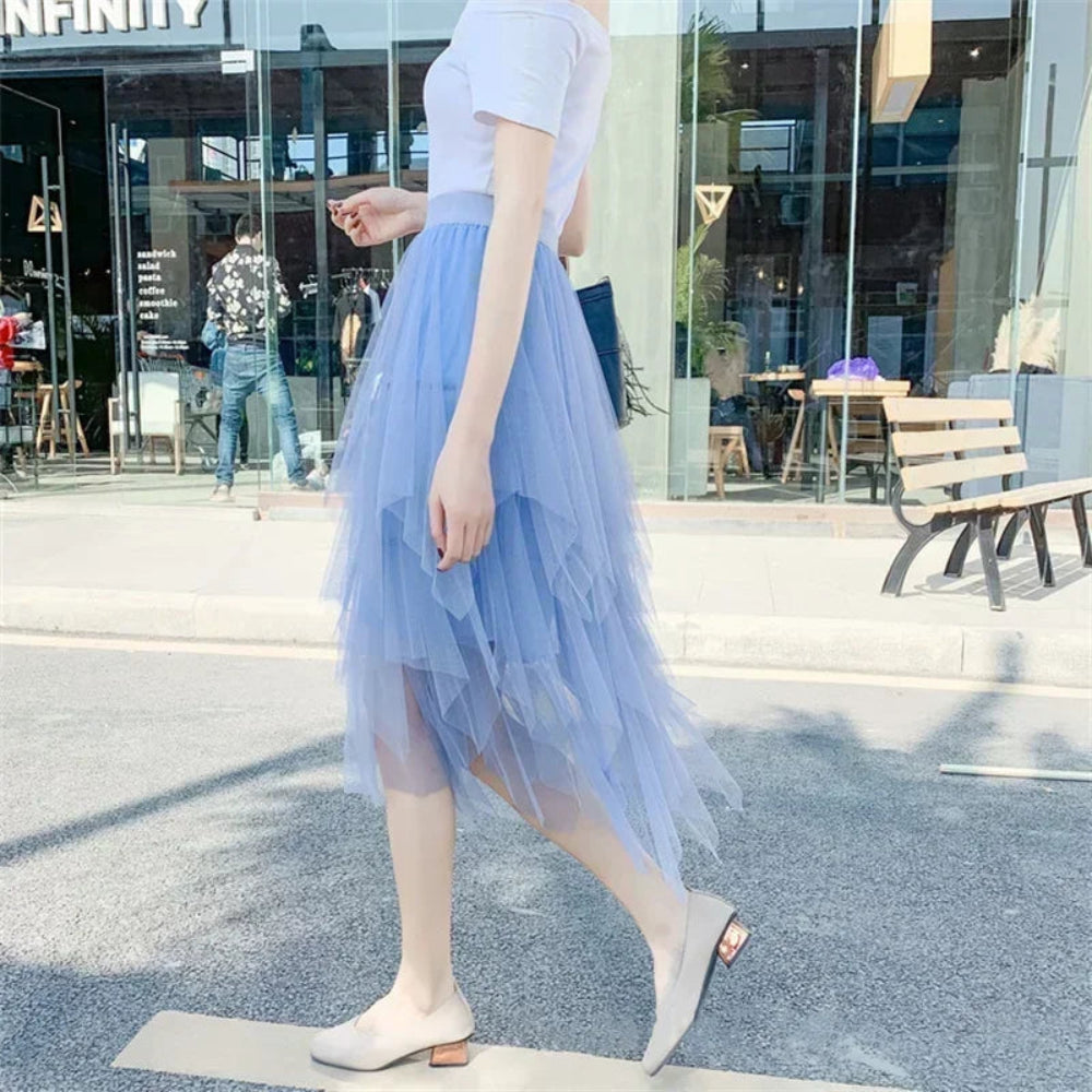 Casual High Waist Midi Mesh Skirt