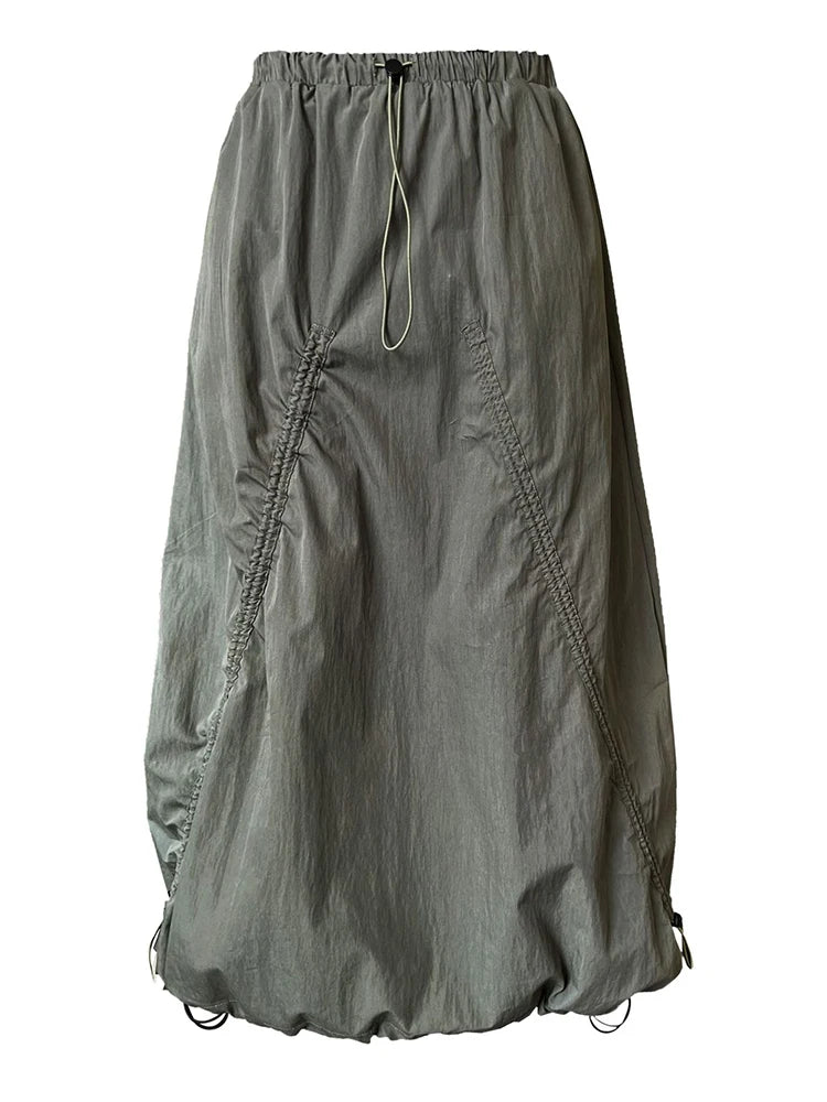 Elastic Waist Drawstring Army Green Color Loose A Line Skirt