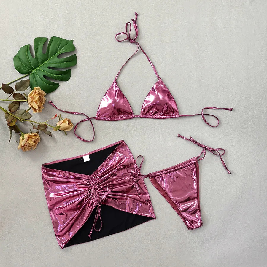 Bright 3-piece Swimsuit Women summer Bikini mini Triangle Cup Low Waist Lace-up Thong Beachwear with skirt cover