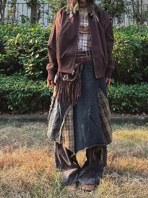 Denim Blue Ombre Asymmetrical Skirt  Retro Tartan Plaid Stitch Maxi Long Overlay