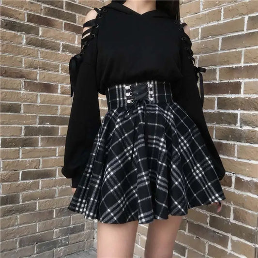 Woolen Plaid  Lace Up High Waist  Mini Skirt