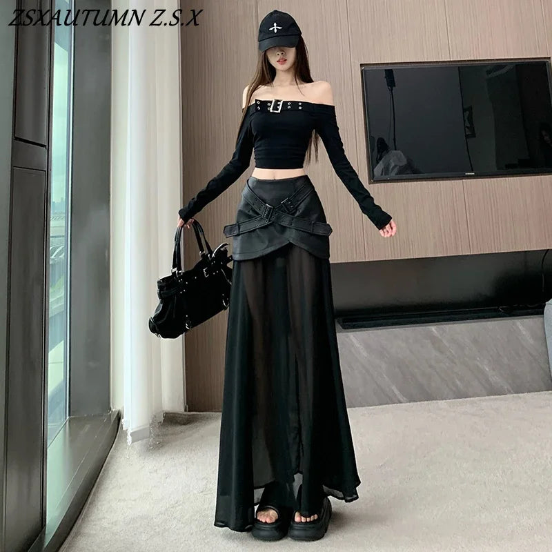 Black Leather Skirt Mesh Stitching Leather