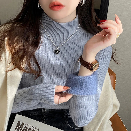 Women's Turtleneck Sweater Winter Retro Velvet Lining Thickened Inner Wear Thermal Knitting Bottoming Shirt