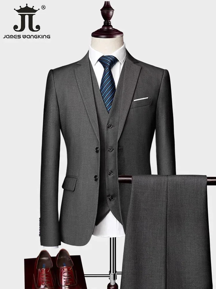 ( Jacket +Vest+ Pants ) Luxury Men's High-end Brand Solid Color Business Office Suit 3Pcs & 2Pcs Groom Wedding Party Suit Tuxedo