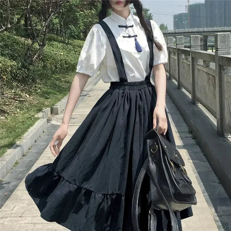 Preppy Style Strap Long Skirt Ruffles Loose