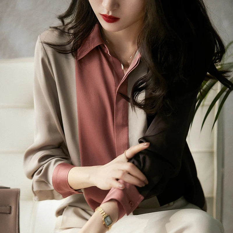 Women Satin Button Blouse Autumn Vintage Long Sleeve Polo Collar Women Shirt Elegant Loose Tops