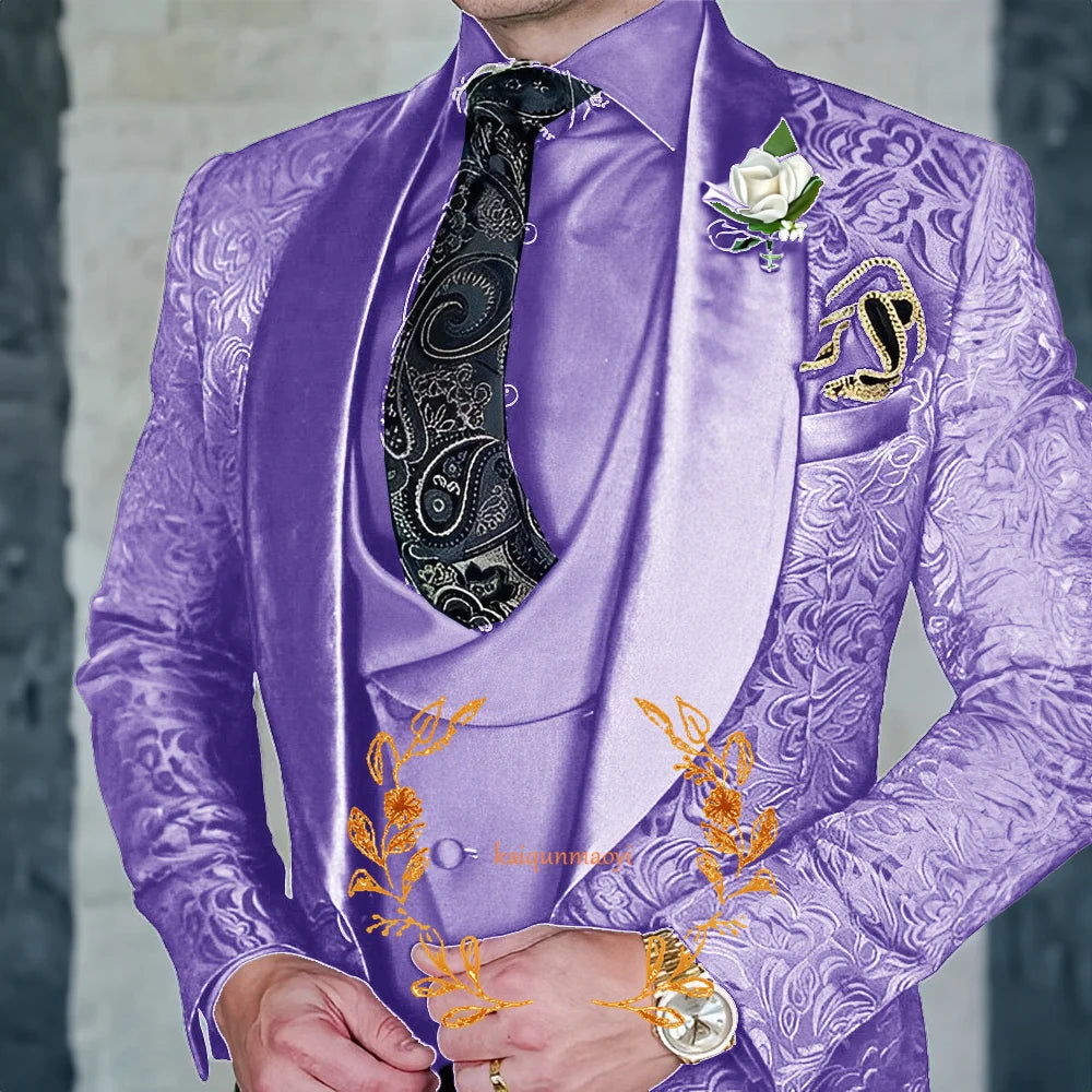 Jacquard Elegant Men's 3 Piece Suit Set Wedding Groom Tuxedo Jacket Pants Vest Formal Party Dress