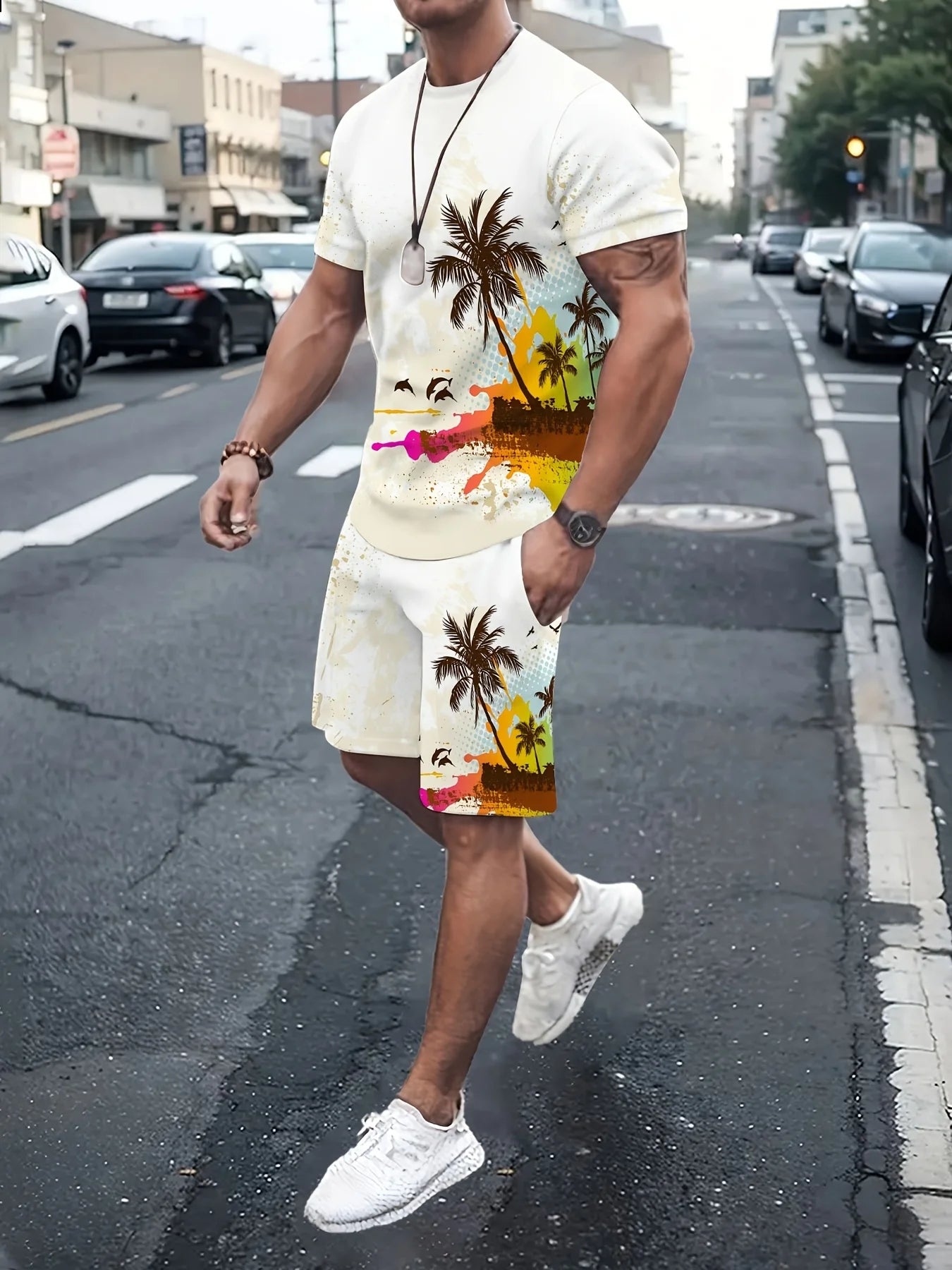 Summer men's casual short-sleeved suit with coconut tree sailboat print, casual and fashionable streetwear with shorts