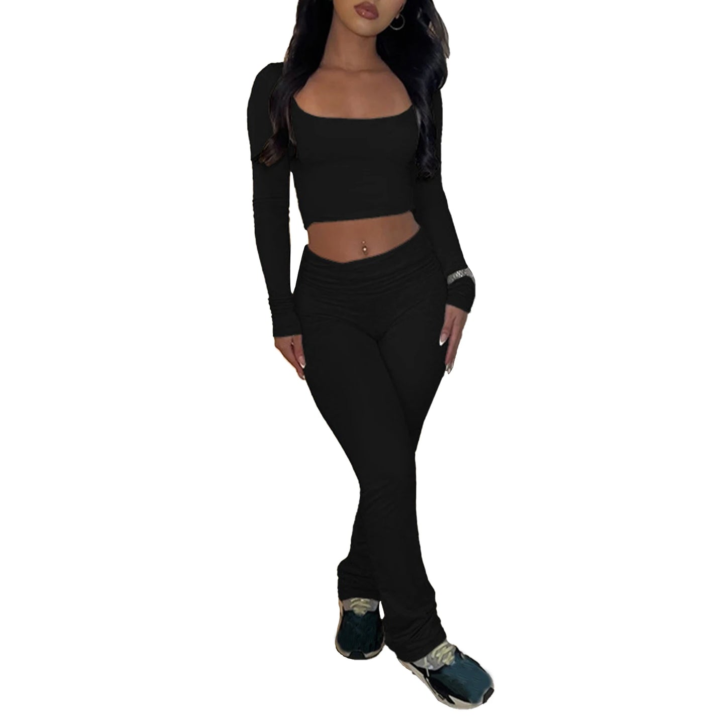 Elegant Women's Solid Color Two-Piece Set with Square Neck Long Sleeve Top and  Fit Long Pants for Stylish Loungewear