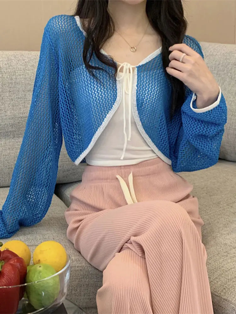 Sun Dried Knitted Cardigan for Women's Spring Thin Design Short Hollow Lace Up Long Sleeved Top