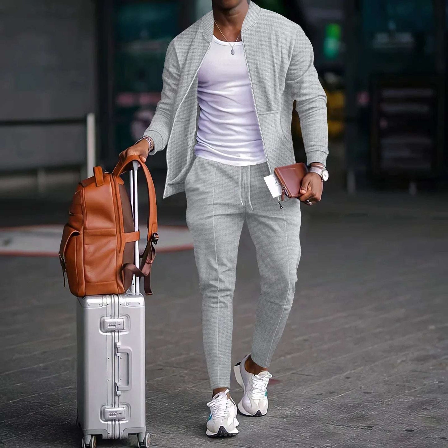 Spring men's casual blazer set new fashion Waffle baseball suit round neck pocket zipper long sleeve trousers two-piece set