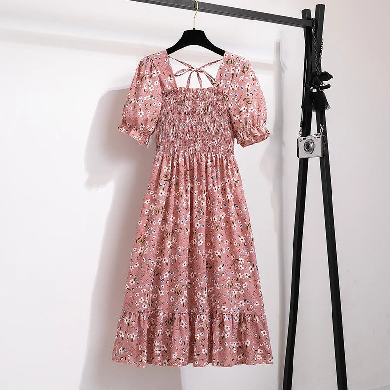 Chiffon Dresses Fashion Female Elastic Waist Short Sleeve Pleated Casual Dress Women A-line Dresses
