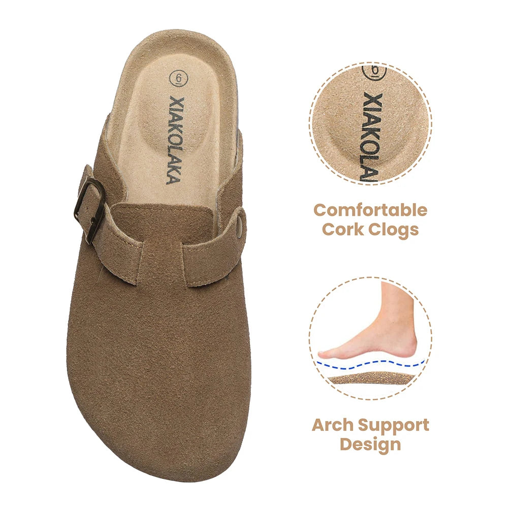 Women's Suede Clogs Shoes Adjustable Buckle Slip Casual Fashion Footbed Home Clog