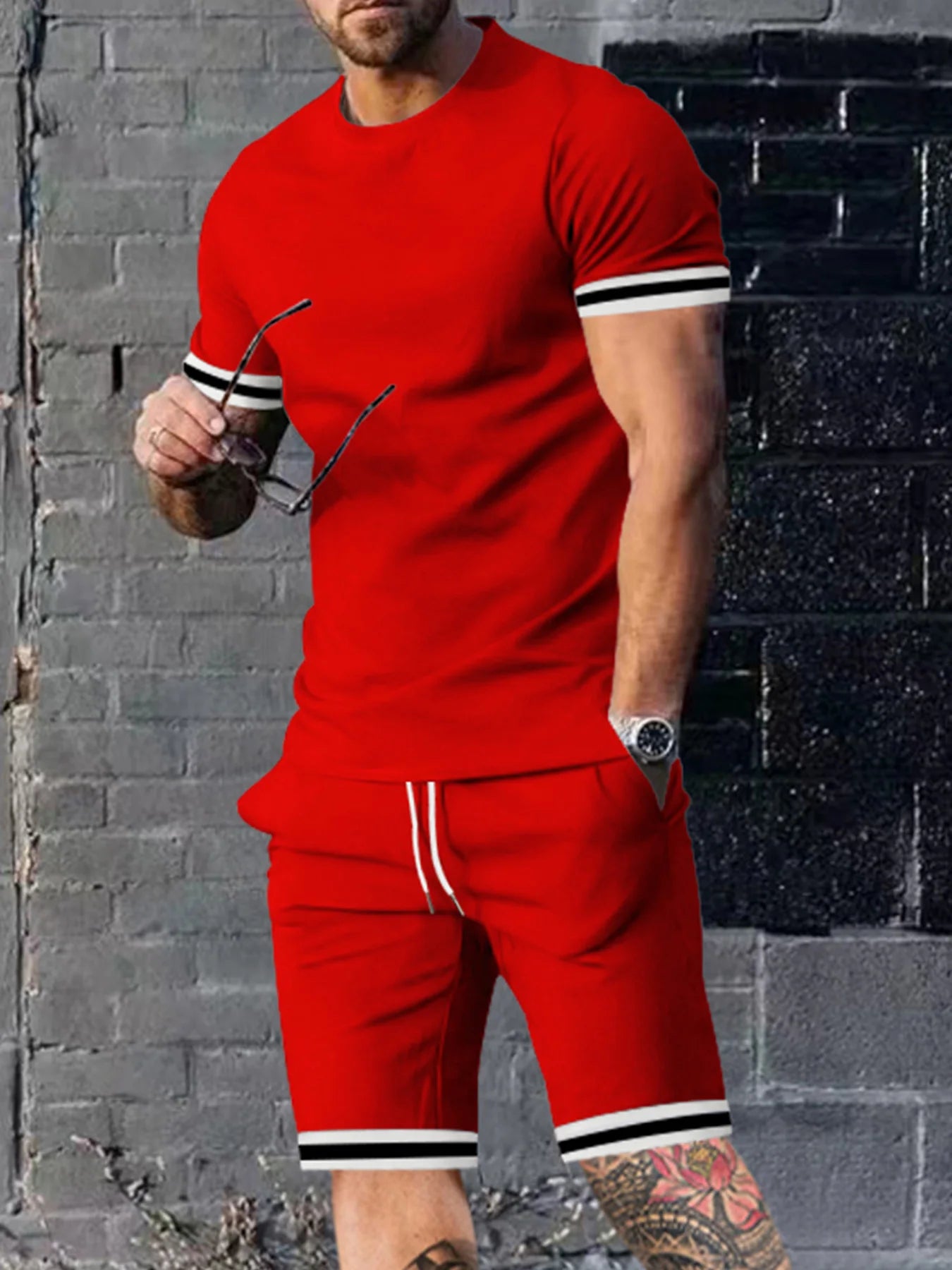 EUROPEAN AND AMERICAN MEN'S SUMMER MEN'S LOOSE SET SHORT SLEEVED SHORTS SPORTS CASUAL ROUND NECK TWO-PIECE SET MEN'S