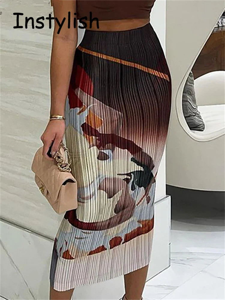 Vintage Art Print Ribbed Midi Skirt