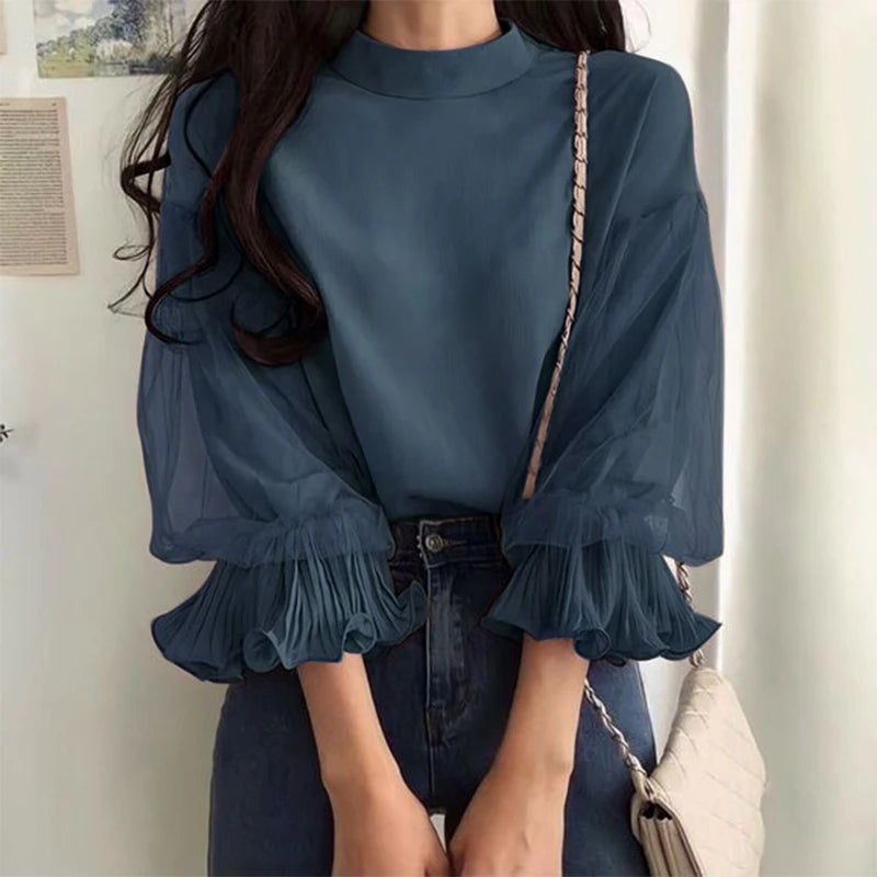 Elegant Party Blouse Chic Mesh Ruffle 3/4 Sleeve Tops Designer Stand Collar Shirts