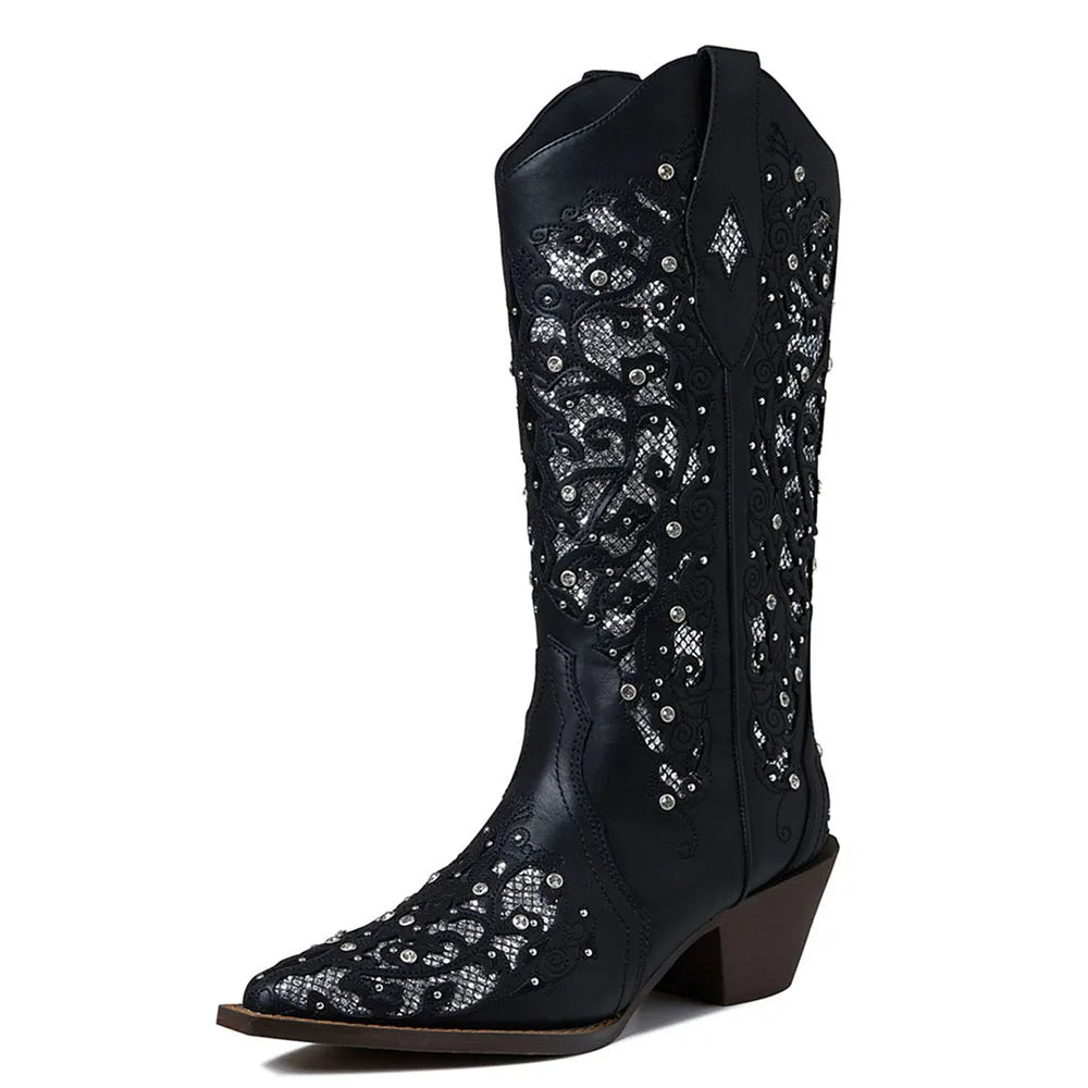 Rhinestone Western Mid-Calf Boots For Woman Block Mid Heel Pull-On Pointed Toe Hollow Out Retro Cowboy Boots