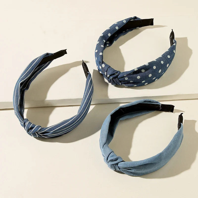 1/3pcs Knotted Print Denim Cloth Headband for Women Girls  Face Wash Hair Hoop Simple Denim Headpiece
