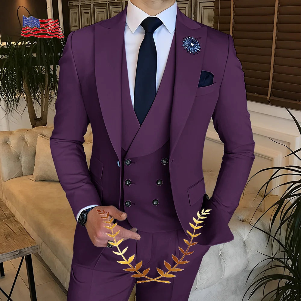 Men's Suit Jacket Pants Vest 3-piece Set Slim Fit Handsome Men Blazer for Party