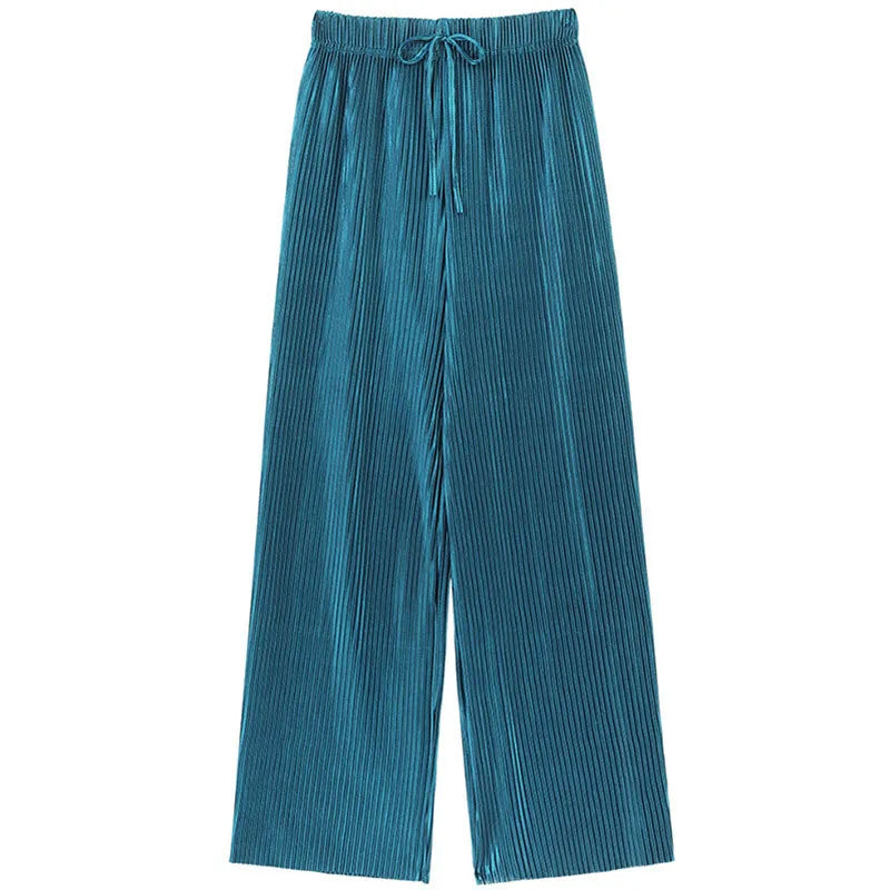 Women's Fashion Summer Wide Leg Pants Pleated Ice Silk Trousers Elastic Waist Loose Casual Pants