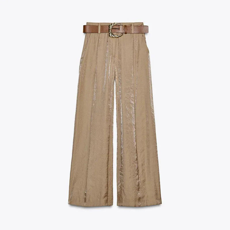 Straight Pants Solid High Waist Belt Pockets Wide Leg Long Trousers Lady Vintage High Street Wears Bodysuit Top or Vest