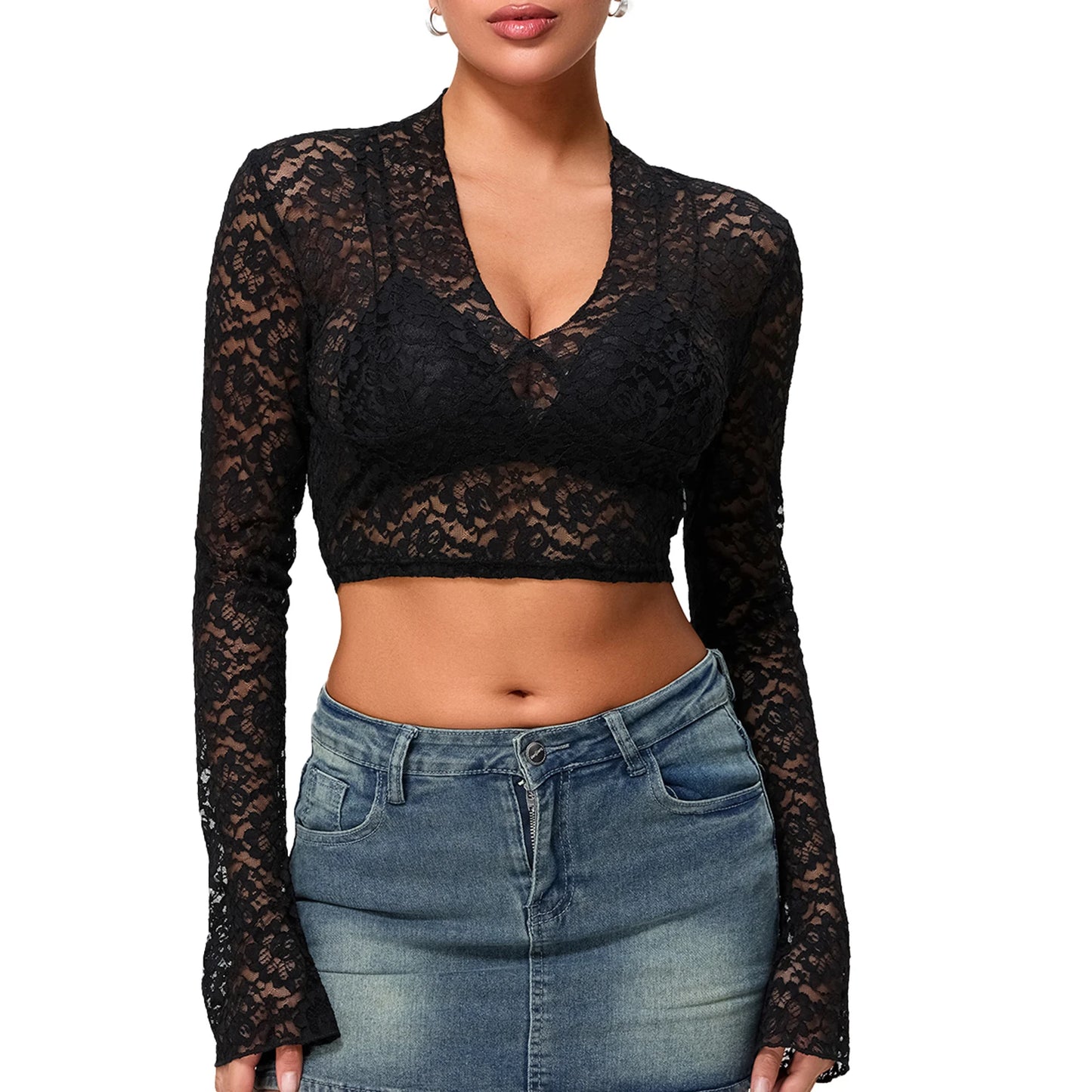 Elegant Lace Tops with Flared Sleeves and Tie-Up Back Detail for Women s Casual Chic Blouses