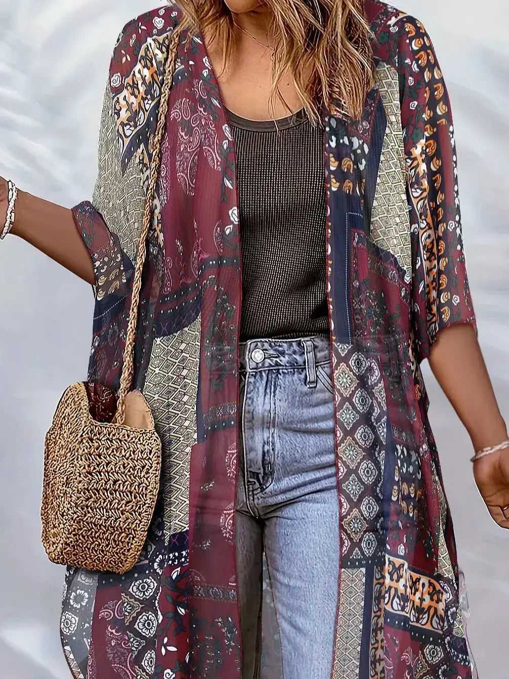 Beach Wear covered luxury women's social shirt fashion top 3D printed batwing sleeve chiffon kimono