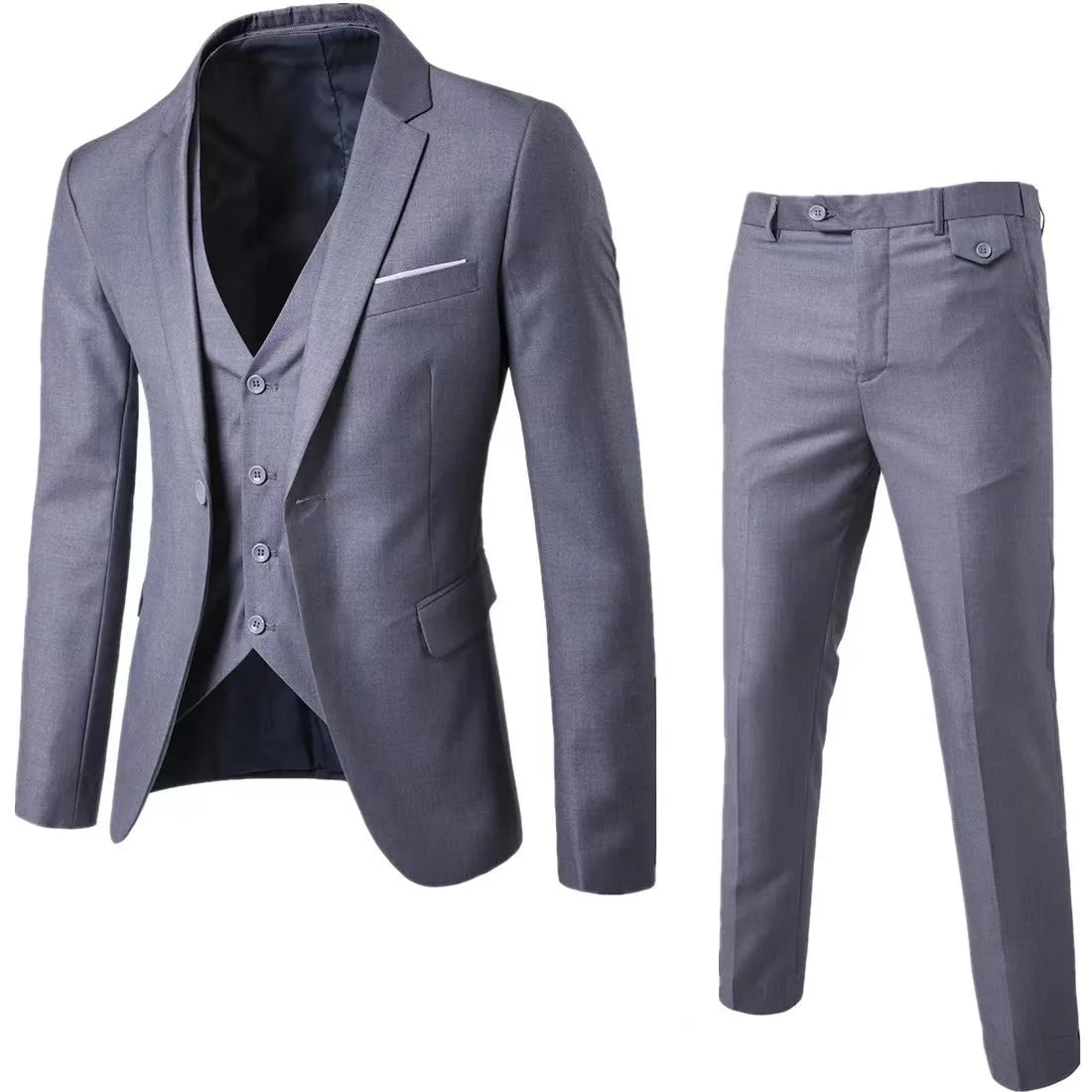 Fashion Jacket + Vest + Trousers Three or Two-piece Set Men's Solid Business Gentleman Casual Fit