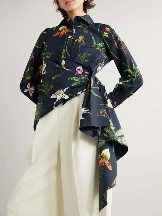 Women‘s Elegant Shirts & Blouses Spring Autumn Long Sleeve Flower Print Asymmetric Office Daily Top Woman Clothing
