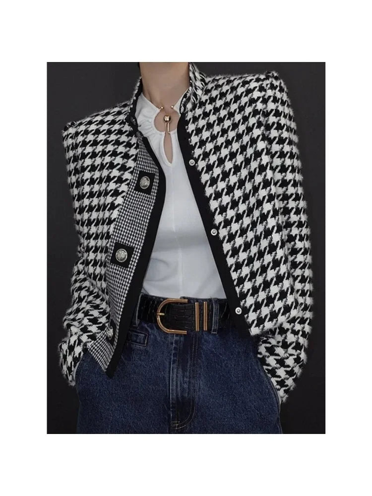 Houndstooth Classics Blazer Outerwear Vintage Stand Collar Long Sleeves