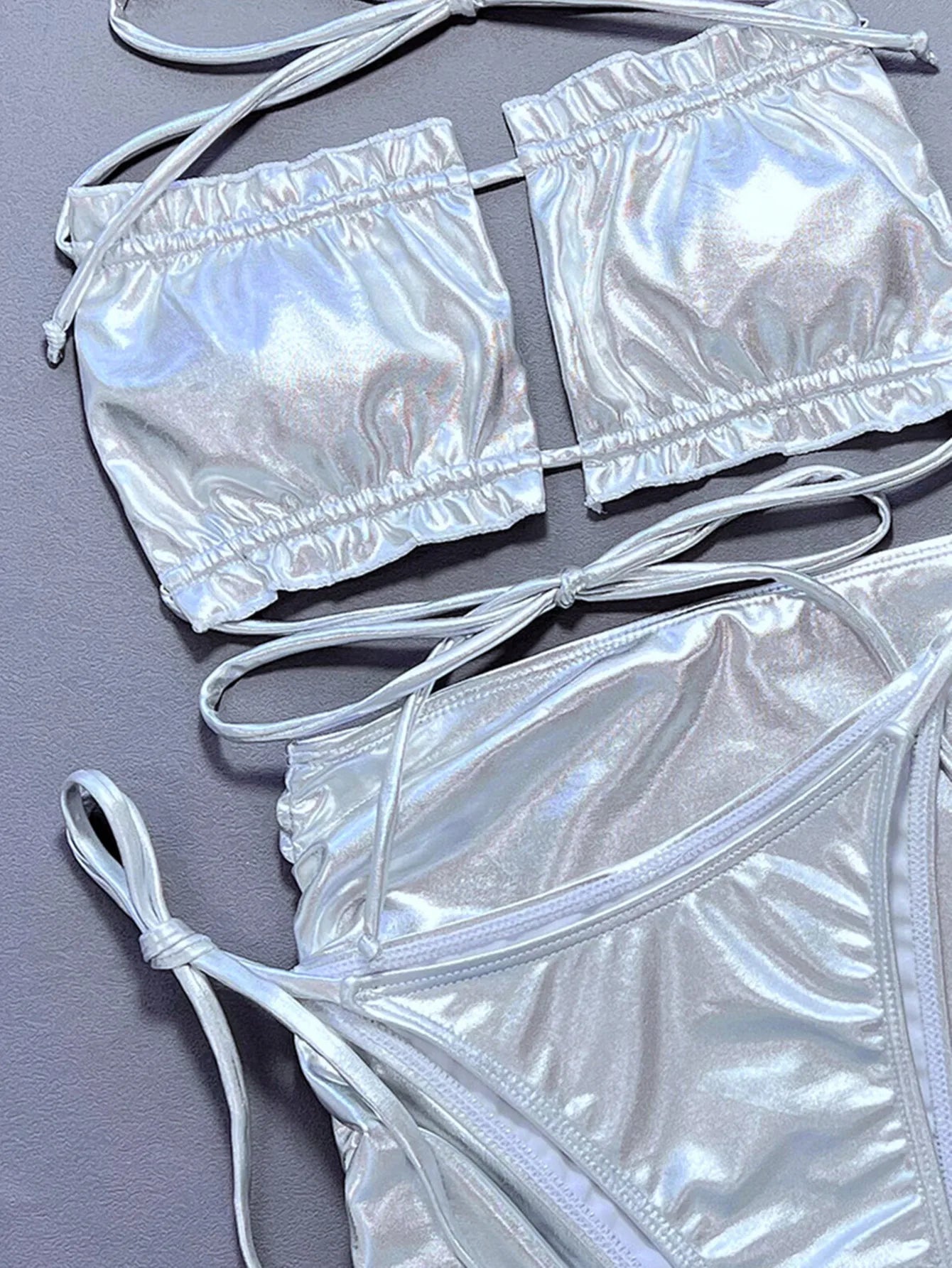 Silvery Shiny 3 Piece Swimsuit for Women High Waist Skirt Bikini Strapless Hollow Out Backless Ruffle Bathing Suit