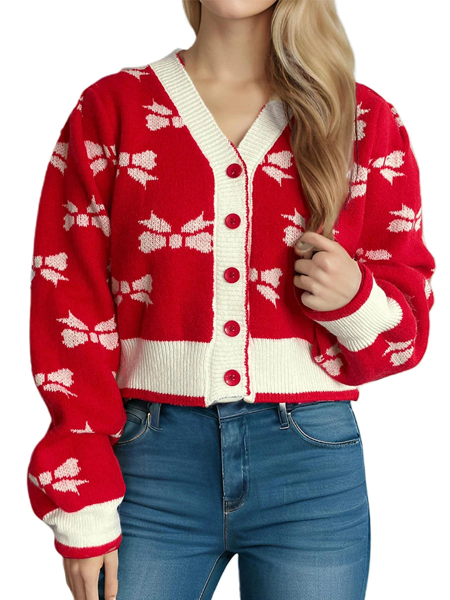 Women s V-Neck Button Up Cardigan with Long Puff Sleeves and Bow Print Detail - Cozy Knit Sweater