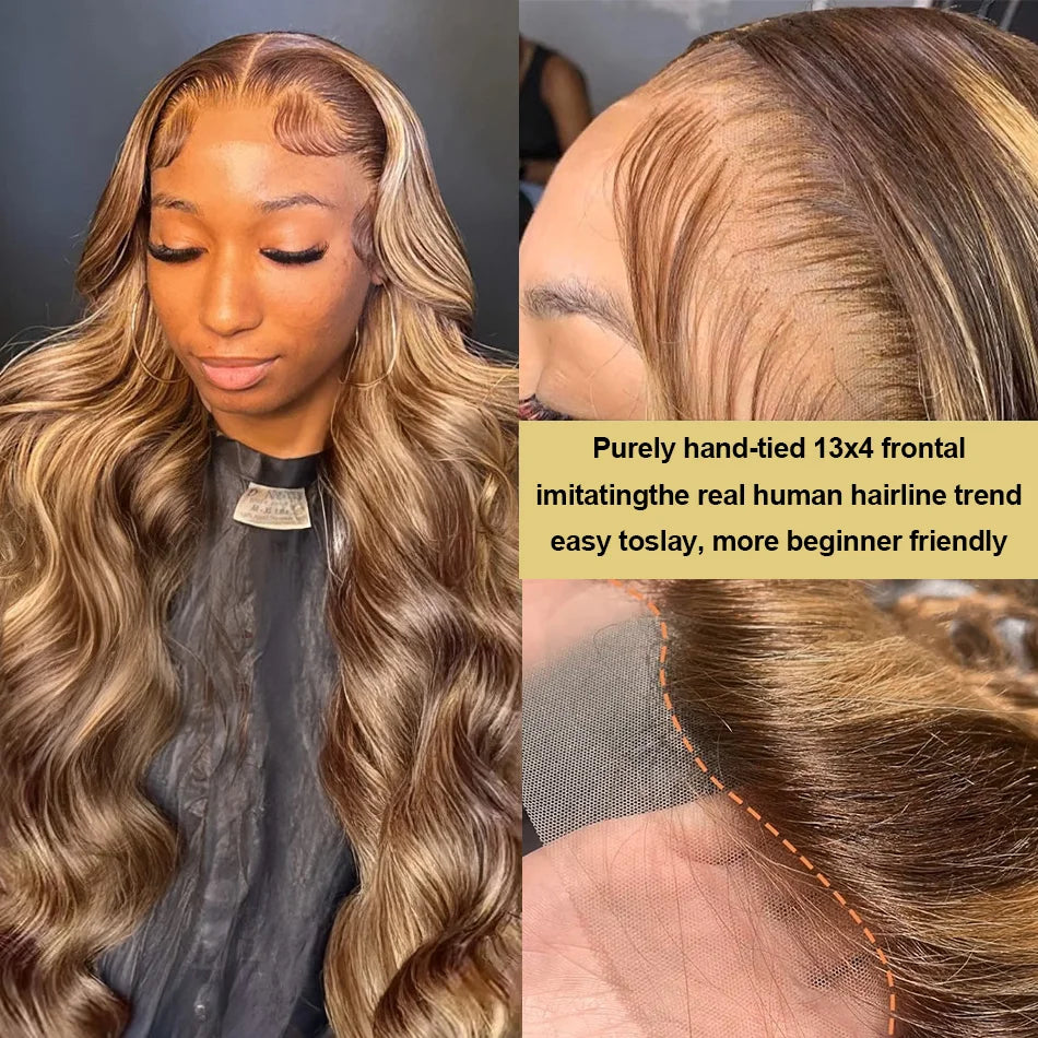 30 40 Inch 4/27 Highlight Ombre Blonde Body Wave 13x4 Lace Front Wig 13x6 HD Transparent Lace Frontal Human Hair Wig