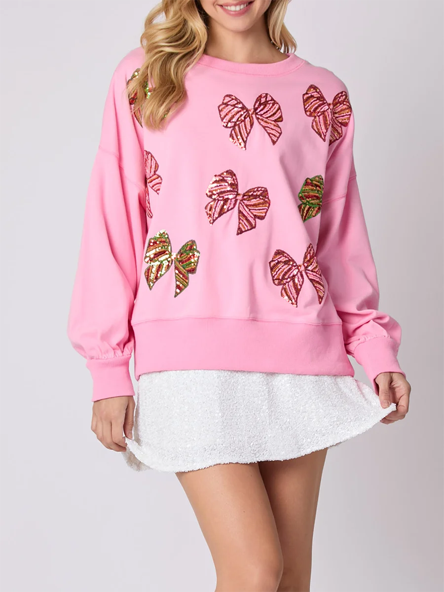 Women s Glitter Embellished Pullover Sweater with Oversized Fit and Bow Detail Drop Shoulder Design Long Balloon Sleeves