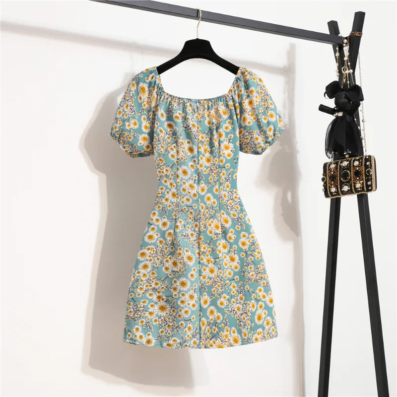 Women's Mini Dress Summer Fashion Female  Print Floral Chiffon Dresses Shirring Pleated Short Puffy Sleeve Casual Dress
