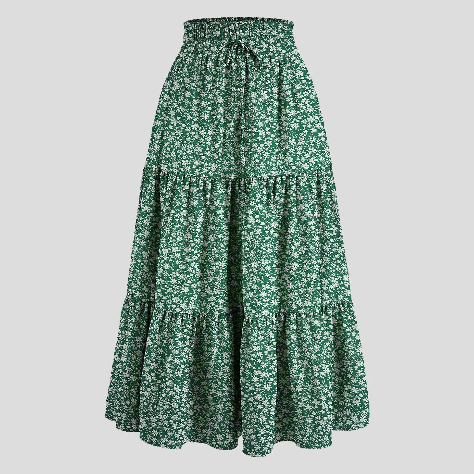 Women's Boho Vintage Floral Print Maxi Skirt Elastic High Waist Pleated Flowy A Line Long Skirts