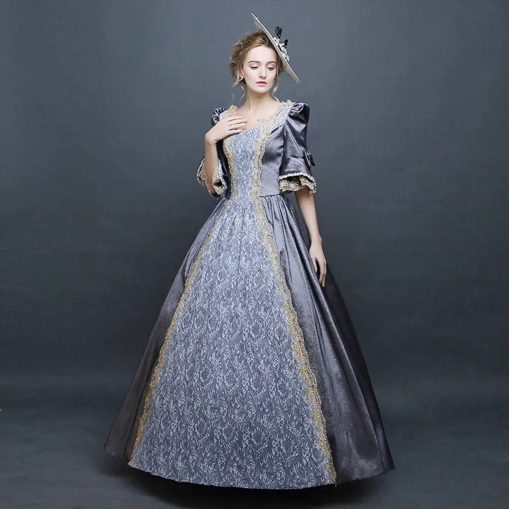 Elegant Temperament Palace Lace Princess Dress Women Medieval Lace Patchwork High Waist Court Dress