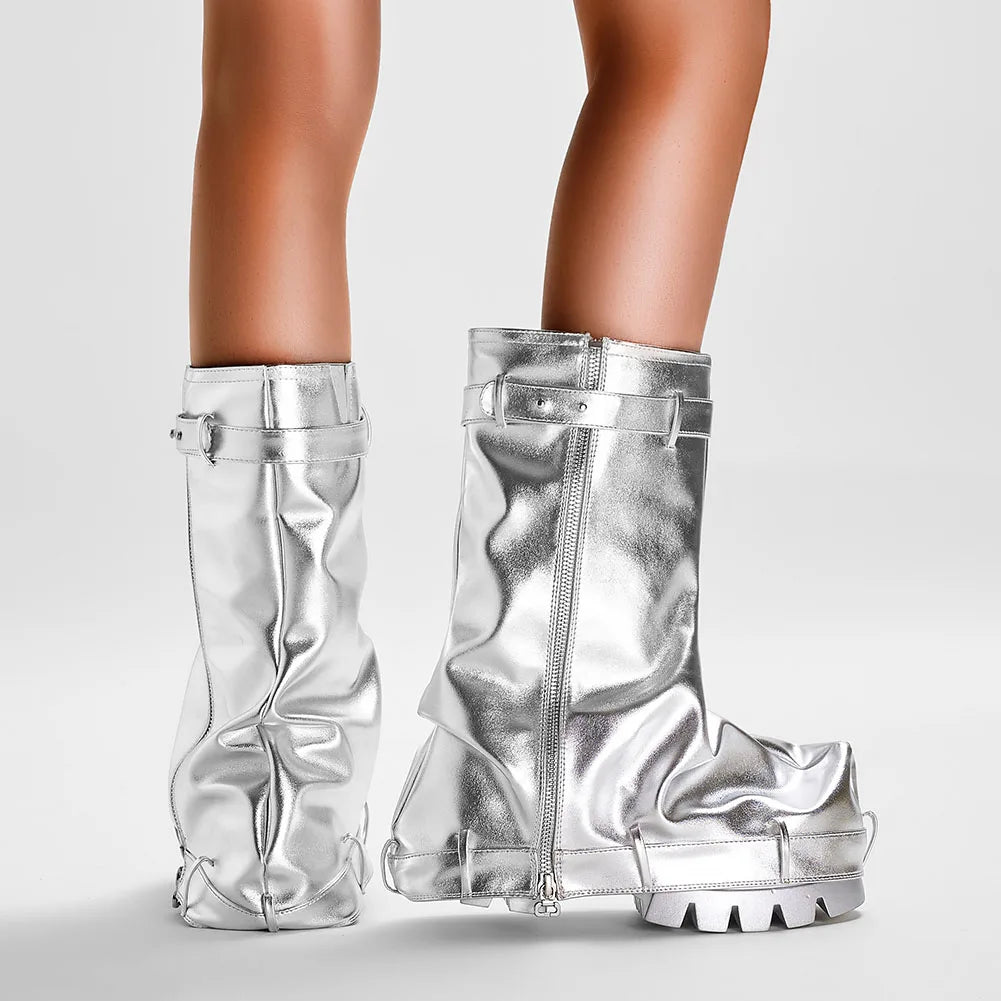 Slouchy Boots Wide Calf Pleated Platform Glitter Metallic Silver Chunky Heel Stacked Pull On Mid Calf