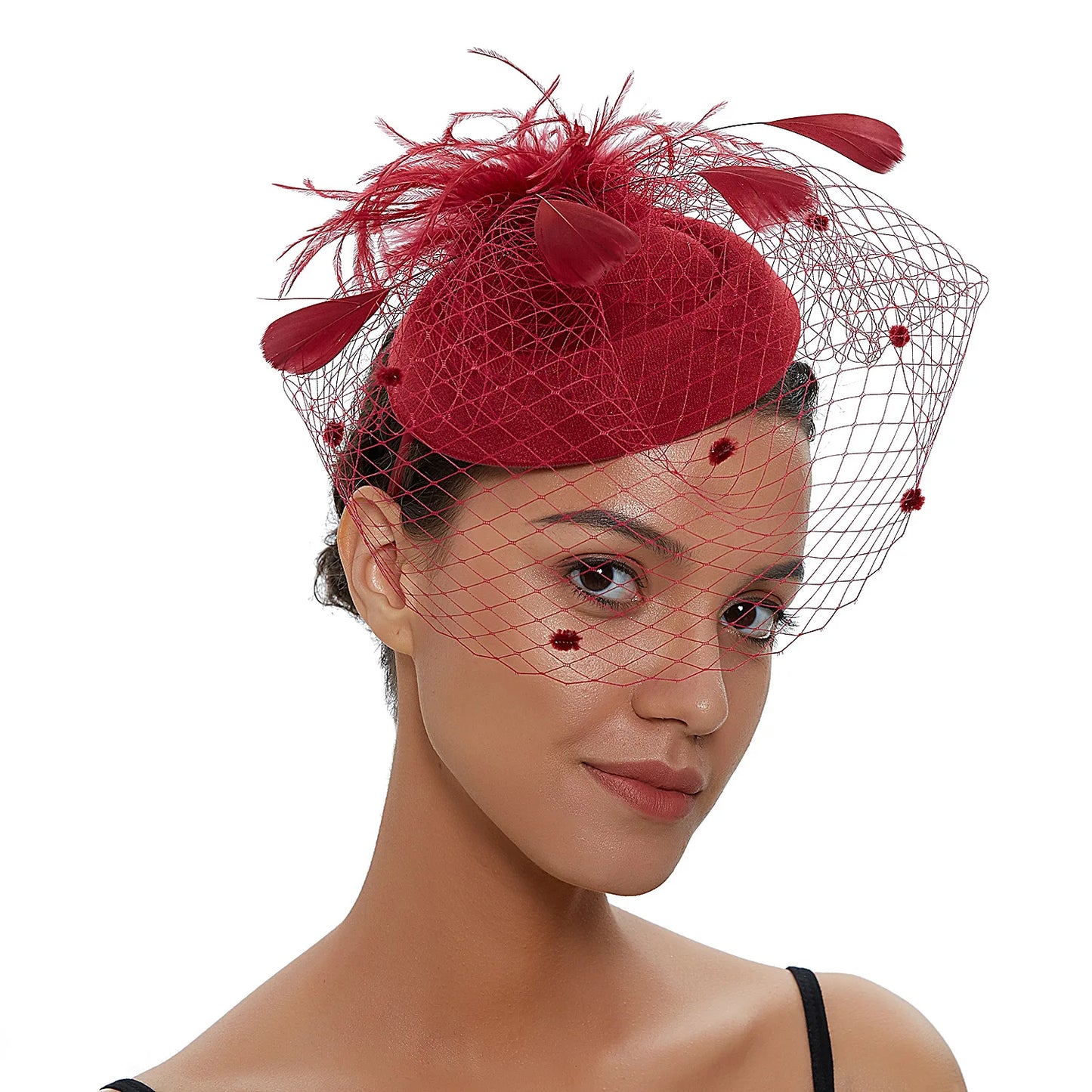 Women's Felt Fascinator Hat Fishnet Veil Small Plush Wave Point Decor Hair Clips  Cocktail Headwear Fascinator