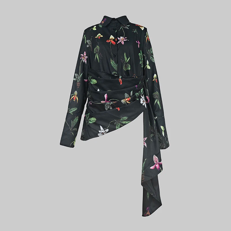 Women‘s Elegant Shirts & Blouses Spring Autumn Long Sleeve Flower Print Asymmetric Office Daily Top Woman Clothing