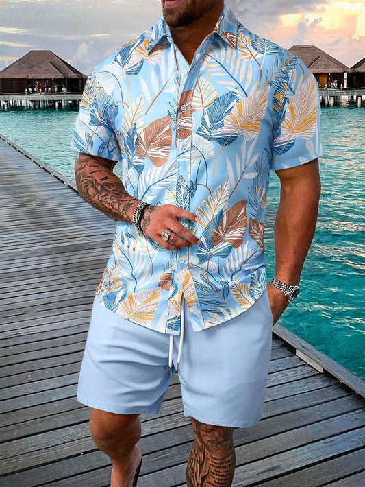 Summer Palm Tree 3D Print Men Shirts Beach Shorts Sets Hawaiian Short Sleeve Shirt Shorts 2 PCS  Hawaiian Suits Street Clothes