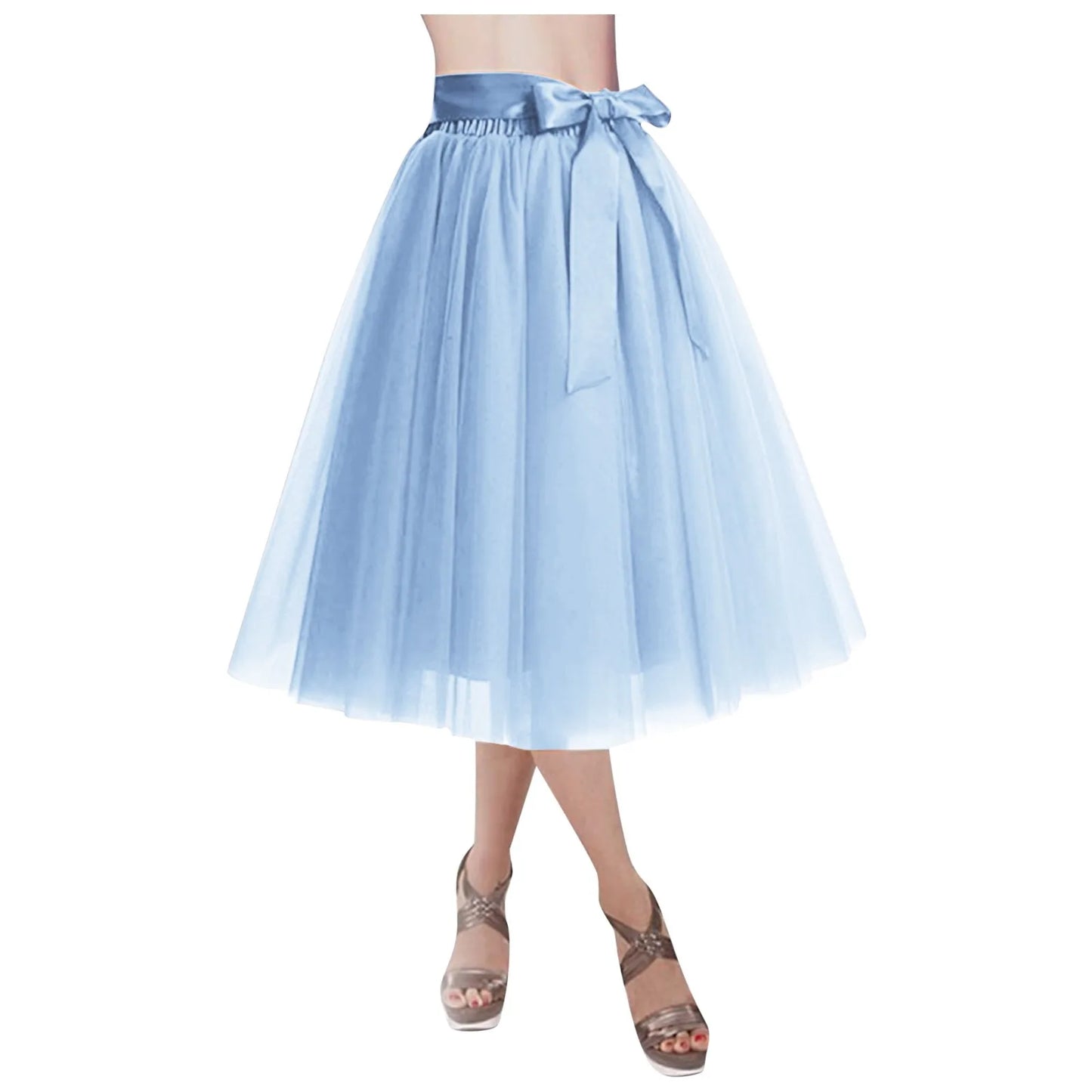 Women's Knee Length Mesh  Skirt Solid Color Elegant Elastic High Waist A-Line Petticoat