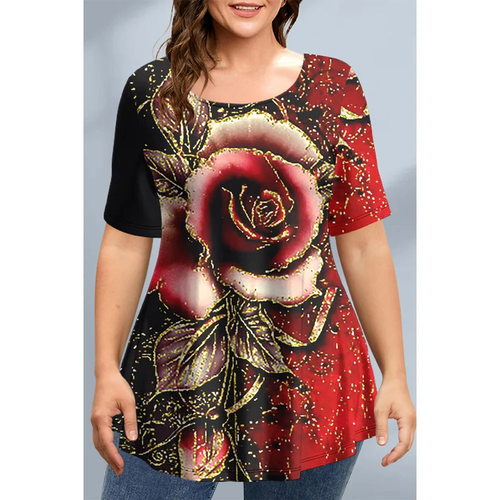 Women's T-Shirts Spring Clothing Floral Graphic O-Neck Pullovers Short Sleeve Tops Streetwear Oversized Apparel Ladies