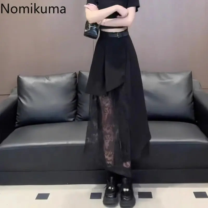 Long  High Waist  Lace Irregular A-line  Skirt